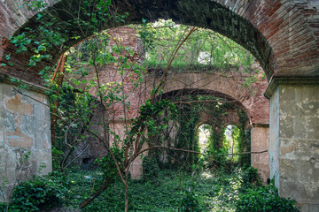 Overgrown interior of abandoned brick building with vaulted arches and lush greenery. Haunted...