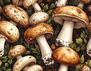 Detailed illustration of various mushrooms nestled in foliage