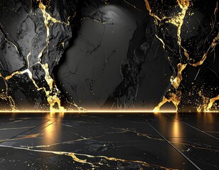 Czarna ściana i podłoga ze złotymi, świecącymi pęknięciami. Puste pomieszczenie, tło produktowe. Czarny marmur ze świecącym złotem
