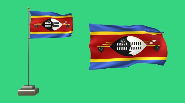 An Eswatini flag flutters on a pole, while the other waves calmly without support.