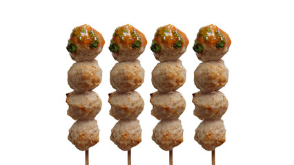 Grilled pork meatballs skewers with spicy sauce in white plate on white background.
