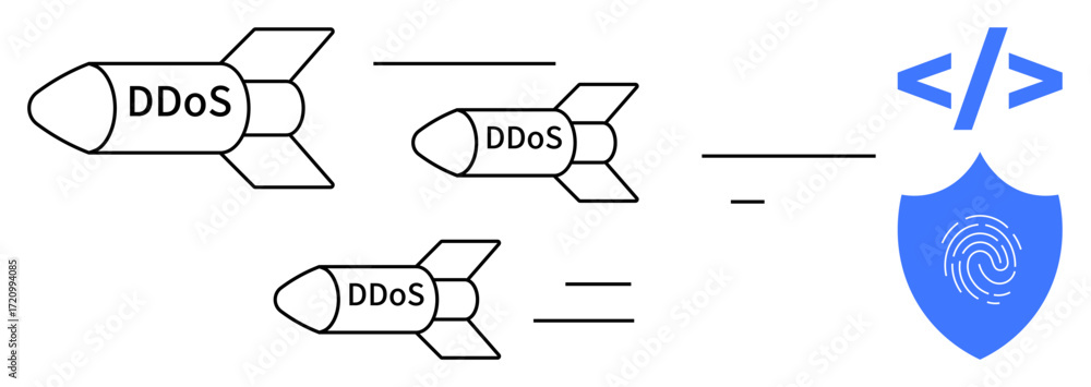 Poster missiles labeled ddos move toward a shield with a code tag and fingerprint, symbolizing a protective
