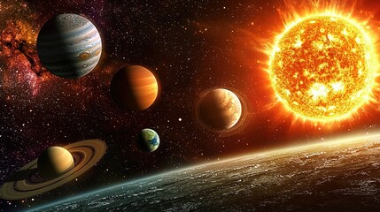 3D solar system with Sun, Venus, Earth, Jupiter and Saturn rolling in the universe
