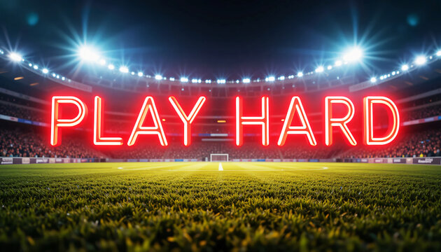 A vibrant red neon sign spells out "PLAY HARD" inside a brightly lit sports stadium. The image is taken from a low angle on the green field, capturing the energy and motivation of a major sports event