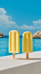 Fototapeta premium yellow lemon fruit popsicle on the beach background