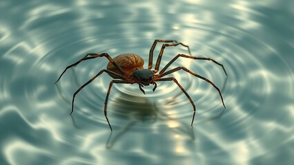 Fossilized spider transitioning into swimming motions through abstract water ripple effects.