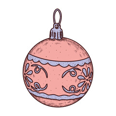 Christmas tree decoration, Christmas pink ball. Hand drawn vector illustration