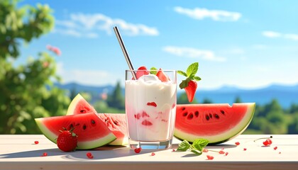 Refreshing summer drink with watermelon and strawberries