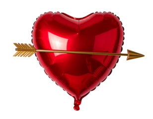 Hyper-realistic PNG of a glossy red heart balloon with a small cupid arrow resting ac