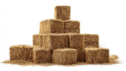 Stacked hay bales on white background. Artificial intelligence image