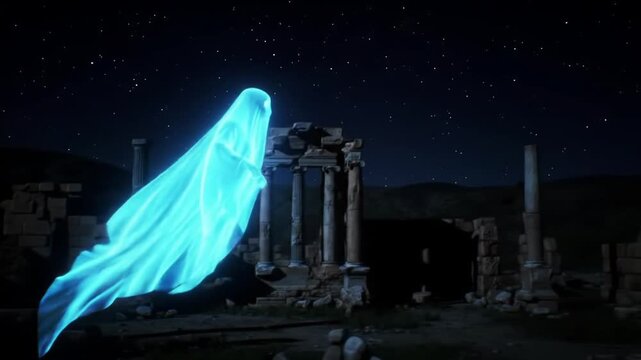 Ethereal Blue Ghost Appears Among Ancient Ruins Under Starry Night Sky