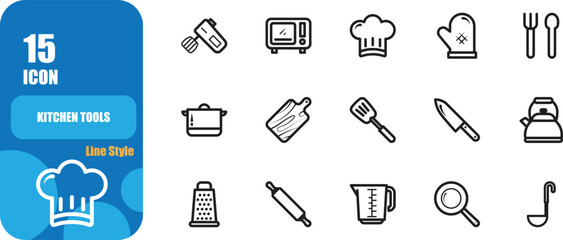 A collection of 15 minimalist kitchen tool icons in line style, featuring hand mixer, microwave, chef hat, oven glove, cutlery, cooking pot, cutting board, spatula, kitchen knife, kettle, grater, roll