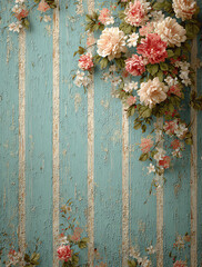 A blue wall with a floral design and pink flowers