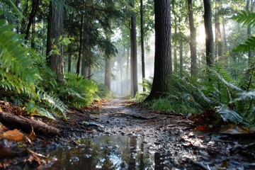 Fototapeta premium Misty Forest Path with Lush Ferns and Sunlight
