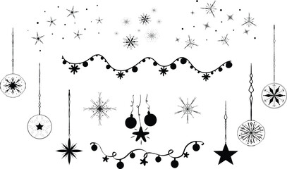 Set of Christmas Ornaments Holiday Lights, Snowflakes, Stars and Festive Decorations