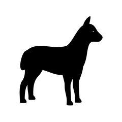 A simple black silhouette of a standing doe against white background