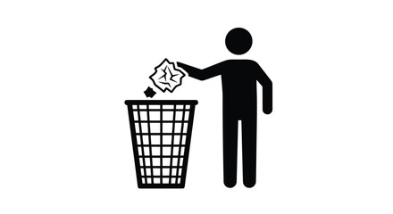 Stick figure throwing crumpled paper into a trash can