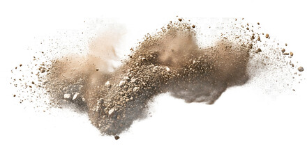 An isolated plume of light brown clay dust and terracotta particles exploding outwards, suspended mid-air against a clean white background