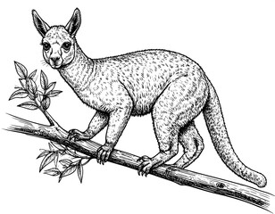 Detailed line drawing of a possum on a branch
