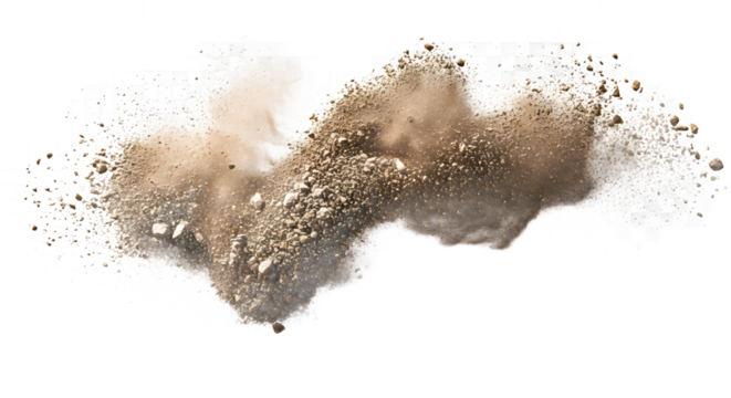 An isolated plume of light brown clay dust and terracotta particles exploding outwards, suspended mid-air against a clean white background