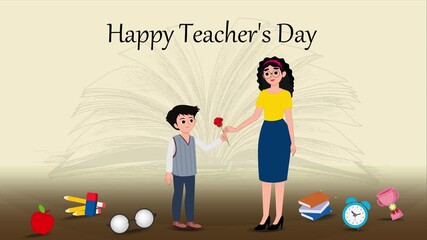 2D Animated Happy Teachers’ Day Greeting | Student Giving Flower to Teacher | Education Icons and Celebration Animation | Teacher’s Day Wish | School | 5 October | Cartoon