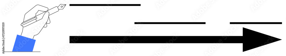 Poster hand holding a pen creates parallel lines progressing toward a large arrow, conveying direction and 