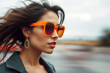 Vogue in Shades: A stylish woman with long, flowing hair wearing orange sunglasses poses, capturing a sense of trendsetting fashion.
