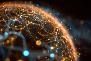 Abstract Illustration of Connected Nodes Forming a Vibrant Globe with Colorful Light and Patterns in Dark Background