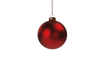 A single shiny red oval shaped christmas ornament hanging by a thin string isolated on transparent background
