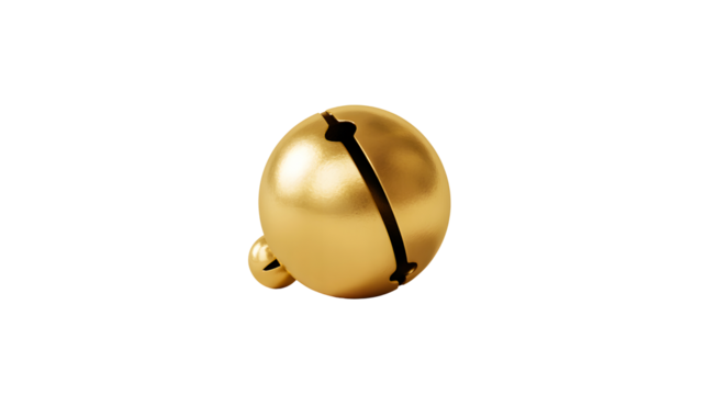 A single shiny golden jingle bell with a dark slit for sound isolated on transparent background