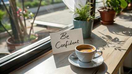 Motivational Coffee Moment with Inspirational Sign and Warm Lighting in Cozy Cafe Setting