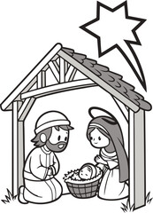line art holy family resting inside a stable while.eps