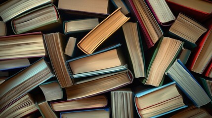 Obraz premium Pile of colorful books in various sizes forming abstract pattern, soft light highlights textures 