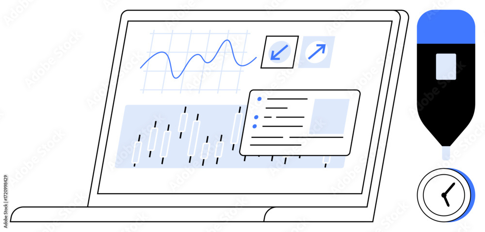 Aufkleber laptop screen showing graphs, charts, and notes alongside a marker and clock. ideal for analytics, p