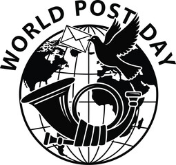 World Post Day global connection emblem with dove and horn