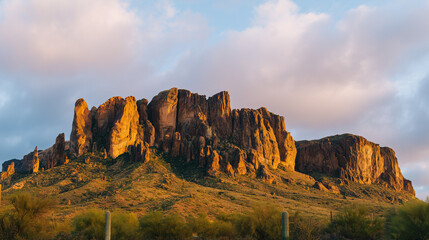 plateau. Dramatic desert canyon with striking rock formations under a warm sunset sky. inspiring travel planning, travel magazines, designed for outdoor magazines and nature guides.
