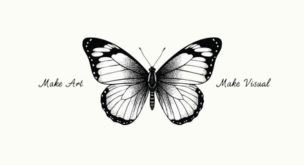 A black and white illustration of a butterfly with the words 