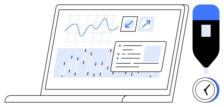Laptop screen showing graphs, charts, and notes alongside a marker and clock. Ideal for analytics, productivity, time management, research, strategy planning education. Minimal flat metaphor