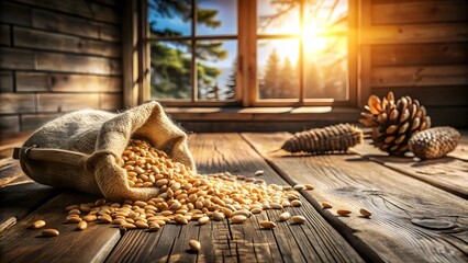 Pine nuts spilling from burlap sack onto wooden surface