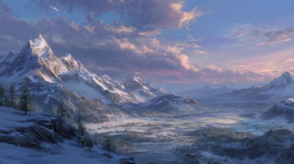 Majestic mountain view with dramatic sky at sunrise. Artificial intelligence image