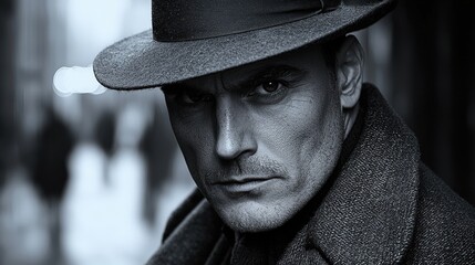 Mysterious man in vintage hat and overcoat with intense expression on urban street, noir style portrait
