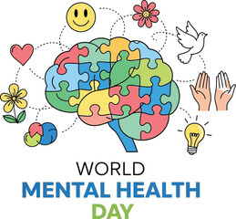 World Mental Health Day concept with brain puzzle and supportive symbols