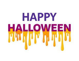 Happy Halloween text graphic with dripping orange and purple liquid effect.
