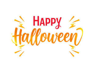 A vibrant, stylized graphic design of "Happy Halloween" with orange and red lettering.