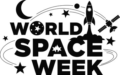 Celebrate World Space Week with rocket, stars, and satellite illustration