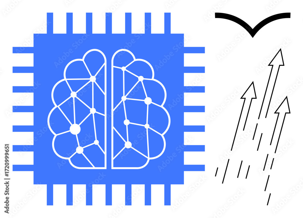 Poster blue microchip with neural network brain, black arrows pointing upward, abstract bird. ideal for ai,