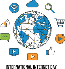 International Internet Day graphic with world globe and digital icons