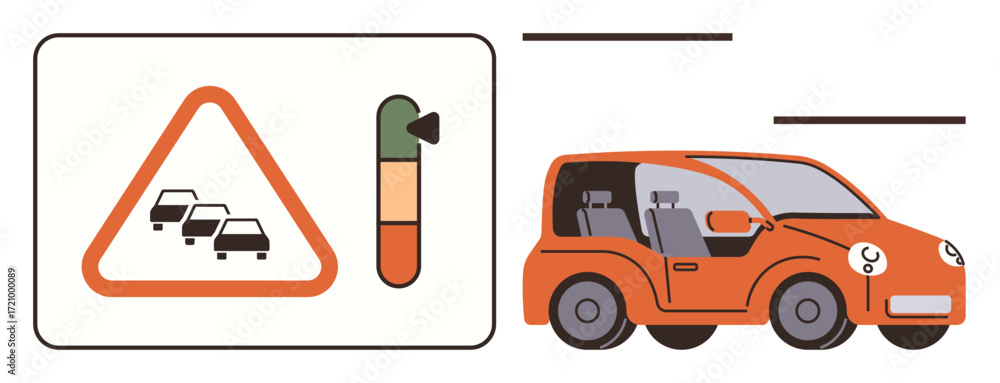 Poster car moving alongside a congestion warning sign with a traffic flow indicator bar. ideal for transpor