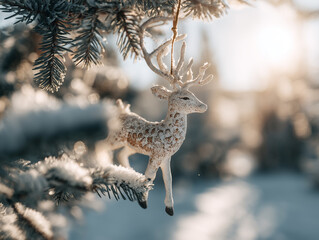Elegant reindeer ornament hanging on snow-covered evergreen in winter sunlight