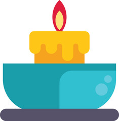 Simple, flat design illustration of a burning candle sitting in a bowl, with wax dripping down its sides